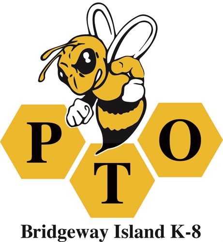 Bridgeway Island K-8  PTO letters in honeycomb cells with bee cartoon